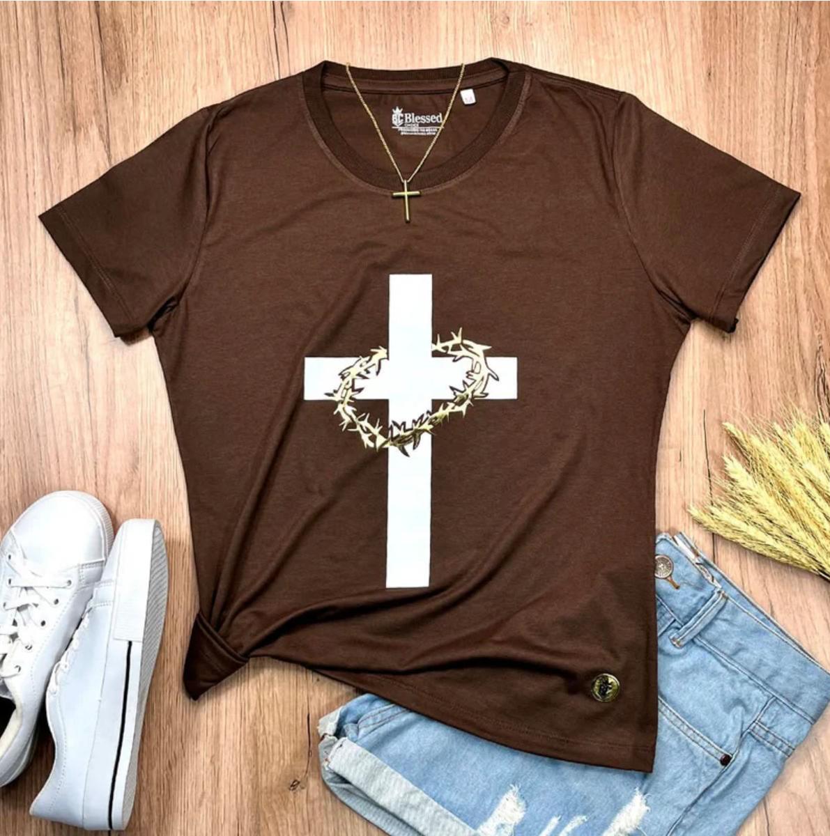 Camiseta cristã cruz + coroa de espinhos